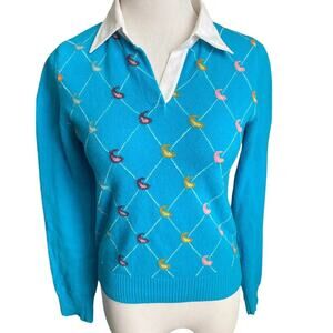 Vtg Benetton Argyle Sweater Collared Y2k Women S Knit Top Layered Fitted Blue